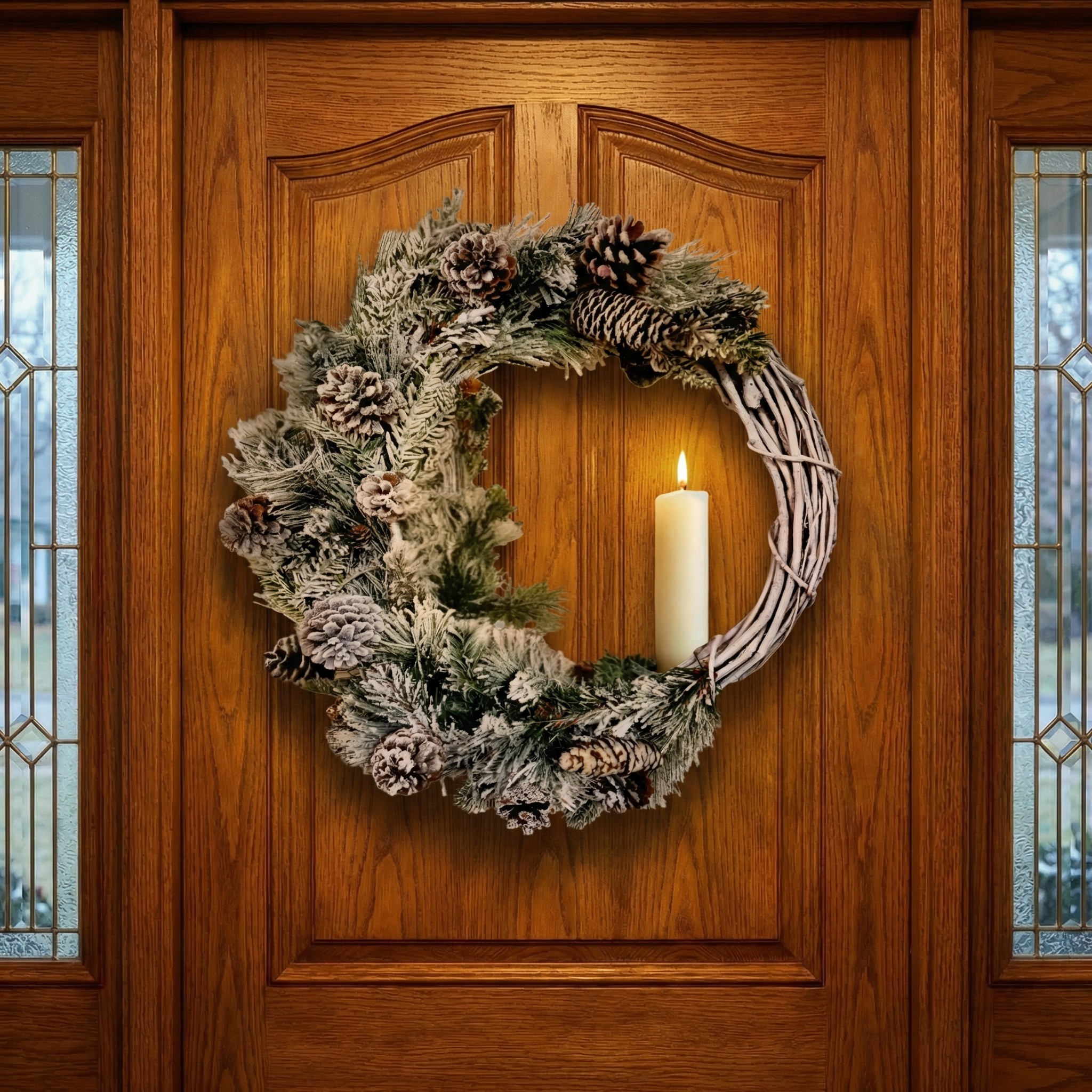 Frosted Grapevine and Candle Christmas Wreath