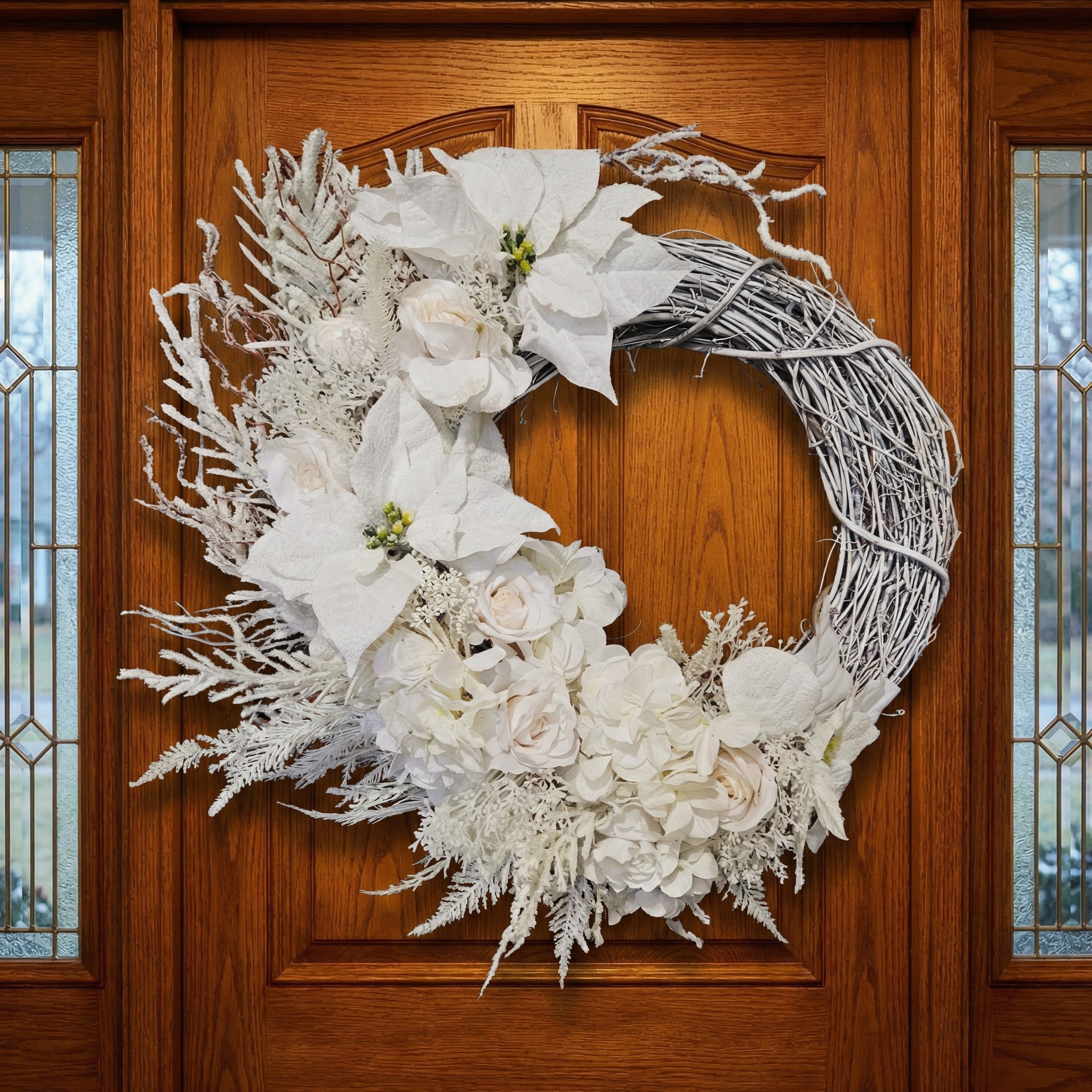 White Poinsettia Grapevine Christmas Wreath