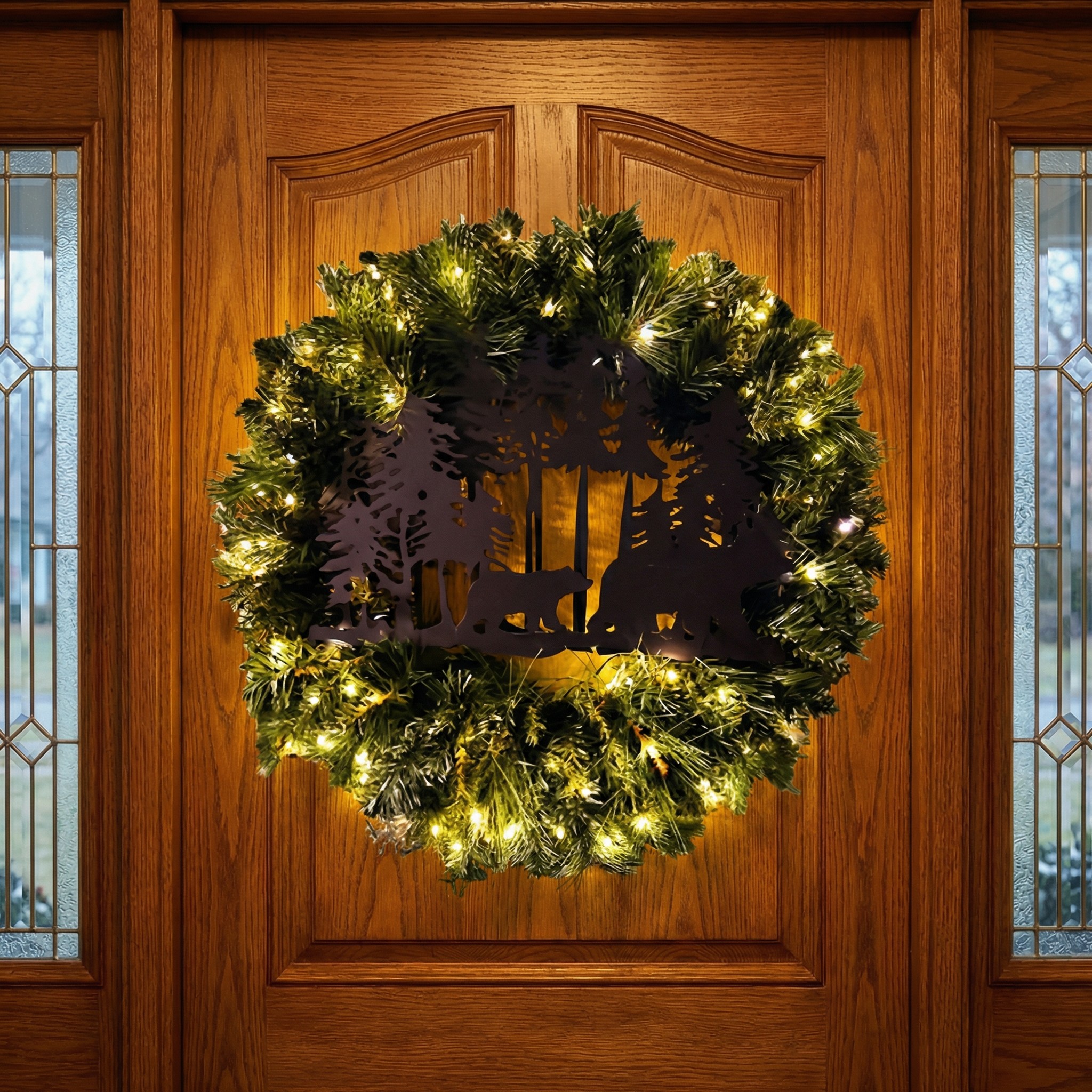 Forest Bear Silhouette Lit Christmas Wreath