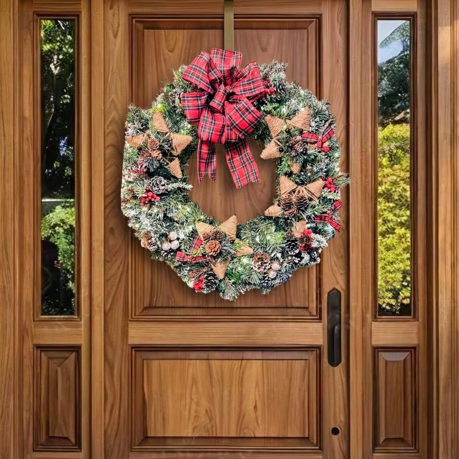 Snowy Pine with Plaid Bow Wreath
