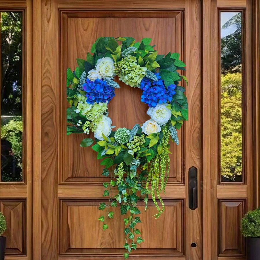 Blue Hydrangea and White Rose Wreath