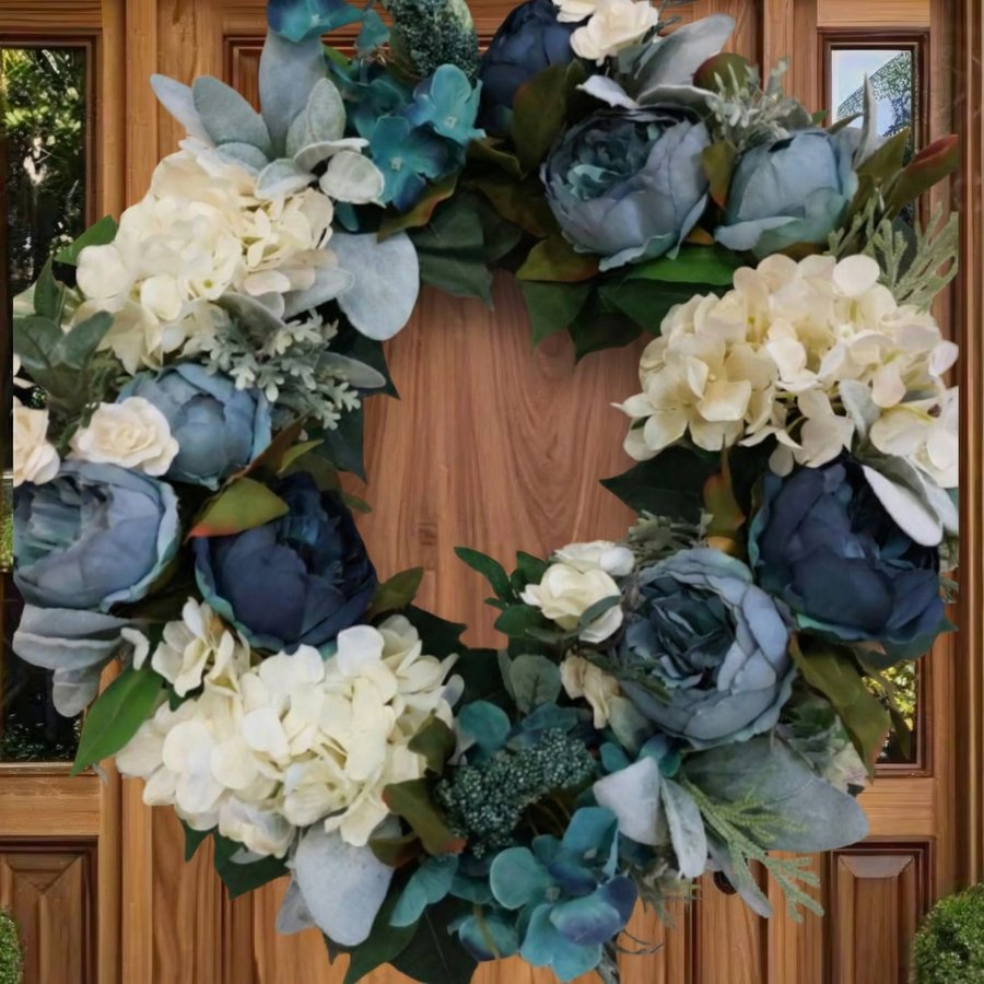 Blue and White Peony Wreath